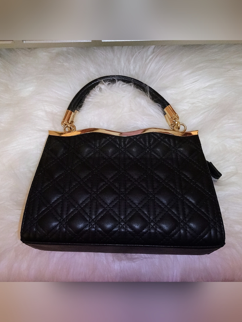NWOT Chic Black Quilted Faux Leather Satchel With Gold Accents